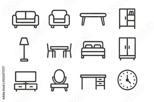 Home furniture line icons set: sofa, lamp, table, clock, bed, cabinet designs