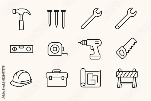 Set of construction tools icons including hammer, saw, wrench, drill, and helmet
