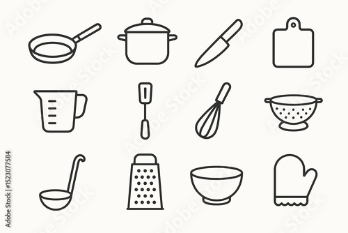 Set of 12 minimalist kitchen utensil icons: frying pan, pot, knife, cutting board, and more