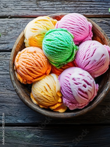 Delicious Ice Cream Bowl Flatlay with Colorful Scoops