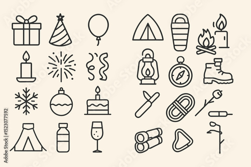 Collection of camping and celebration icons including lanterns, fireworks, and party hat