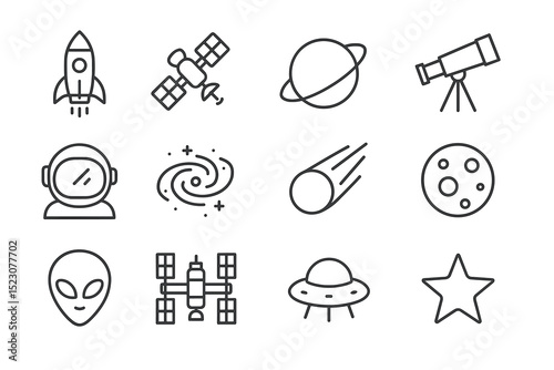 Space exploration icons: rocket, satellite, planet, telescope, astronaut, alien