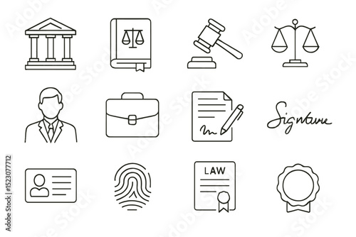 Law-themed icon set featuring justice symbols and legal concepts