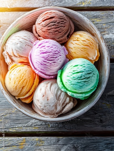 Scrumptious Ice Cream Bowl on Wooden Table with Colorful Scoops