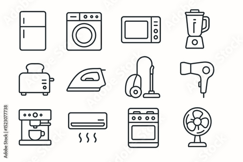 Icons of home appliances including refrigerator, washing machine, microwave, and blender