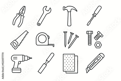 Collection of hand tools: pliers, wrench, hammer, drill, screwdriver