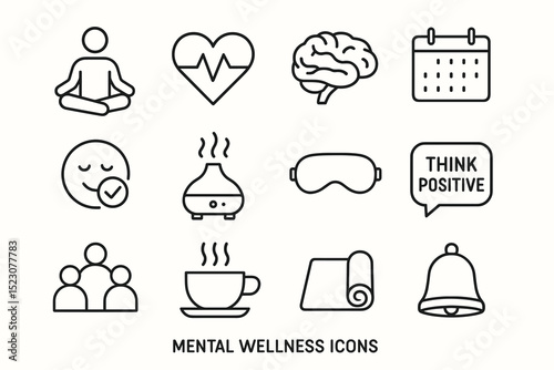 Mental wellness icons set: meditation, positive thinking, relaxation