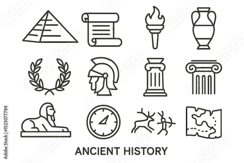 Ancient history symbols: pyramid, scroll, torch, amphora, laurel, helmet, columns, sphinx, cave art, map