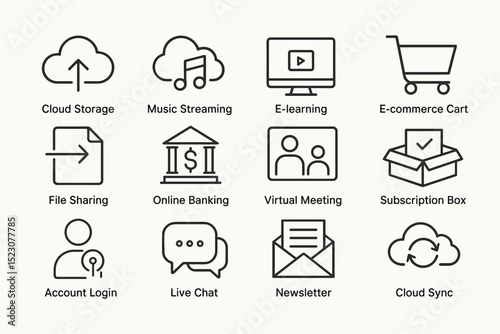 Cloud storage music streaming e-learning e-commerce icons set
