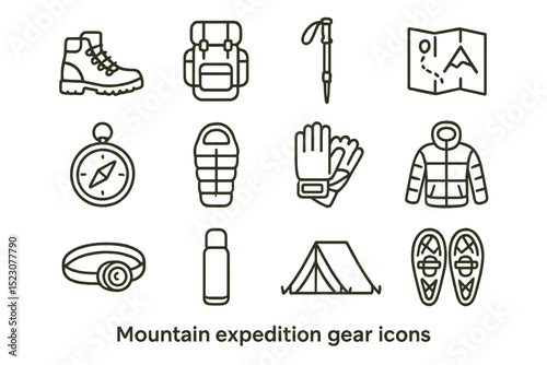Mountain expedition gear icons: boots, backpack, map, compass, tent