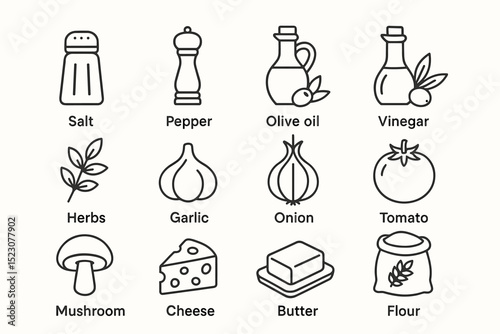 Essential kitchen ingredients icons: salt, pepper, olive oil, vinegar, herbs, garlic, onion