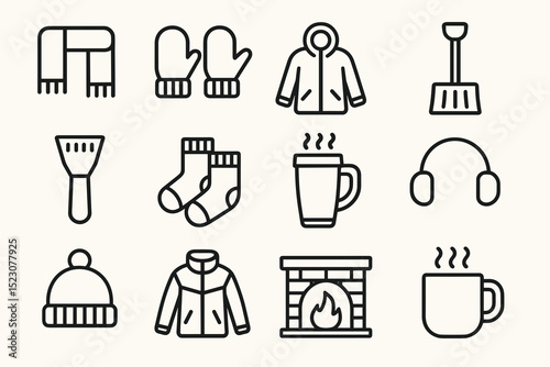 Winter essentials icons: clothing, accessories, fireplace, hot drink, and tools