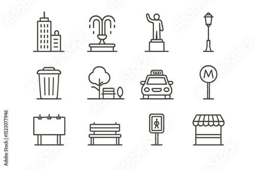 Urban icon set: buildings, fountain, statue, lamp posts, taxi, bench, trash can, storefront