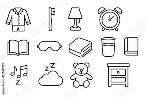 Bedtime routine essentials: pajamas, toothbrush, lamp, alarm clock, book, sleep mask, blanket