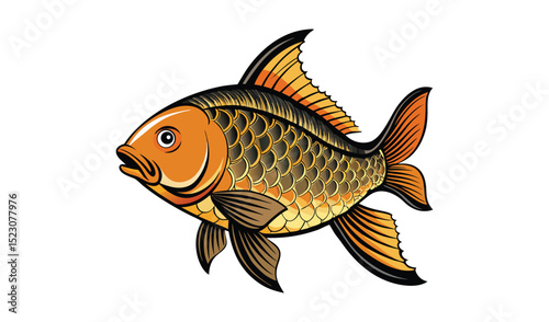 Photo of a vibrant orange and black koi fish, isolated on white background, displays its intricate scales and flowing fins