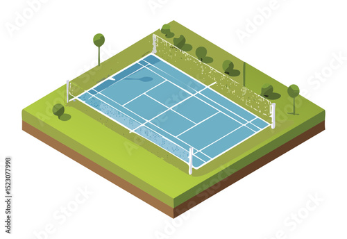 Isometric Blue Tennis Court with Tree