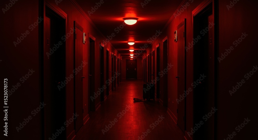 Fototapeta premium Mysterious Red Hotel Corridor with Suitcase