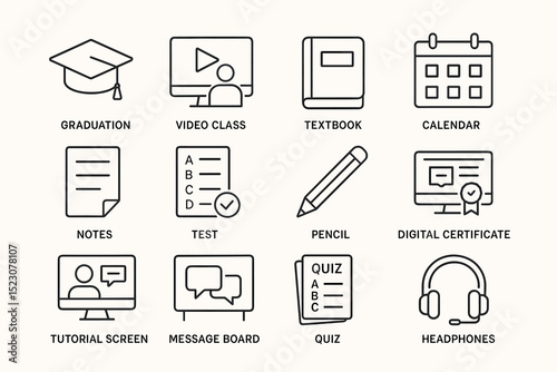 Educational icon set: graduation, video class, textbook, calendar, notes, quiz, headphones