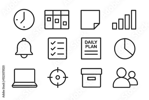 Minimalist line icons: clock, planner, chart, laptop, bell for organization and productivity