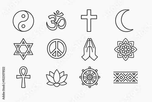 Collection of diverse religious and spiritual symbols in black outline