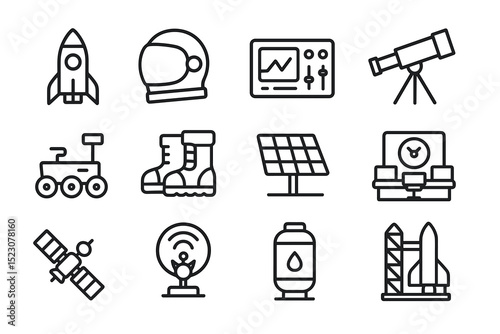 Space exploration icons: rocket, astronaut helmet, satellite, telescope, rover, solar panel