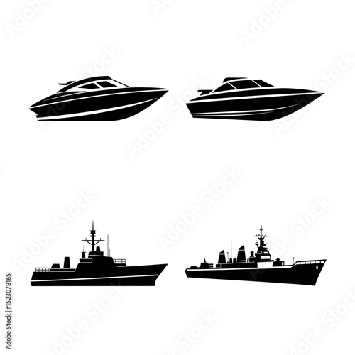 Collection of Luxury Speedboats and Military Destroyers Silhouette Illustrations