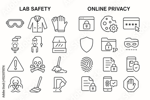Lab safety and online privacy symbols: protective gear and cybersecurity icons