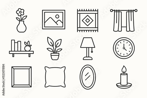 Minimalist home decor icons: plants, clock, candle, and more in black and white