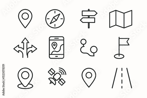 Navigation icons set: map, compass, gps, direction, road