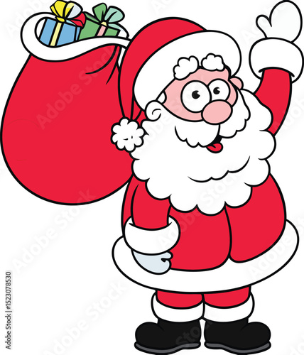 Cartoon Santa Claus Waving with a Sack Full of Gifts