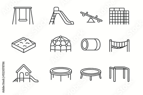 Playground equipment icons: swings, slides, sandbox, climbing structures and more