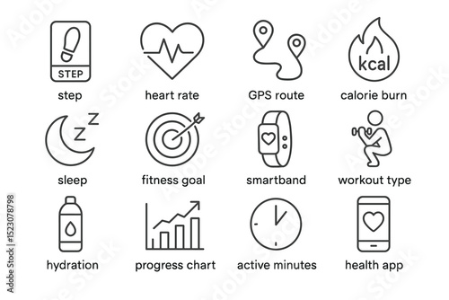 Fitness tracking icons: heart rate, gps route, calorie burn, sleep, goal, smartband, hydration
