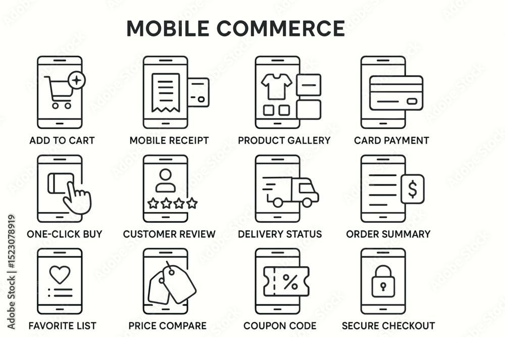 Naklejka premium Mobile commerce icons collection for online shopping and payment