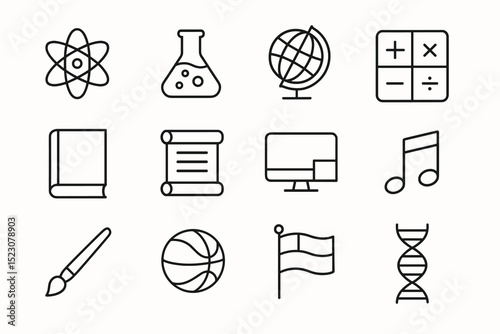 Science and education icons: globe, flask, dna, math, book, music note, computer, basketball, brush, flag