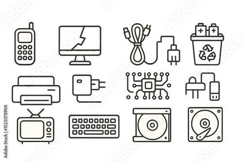 Icons of electronic devices and components on metallic background
