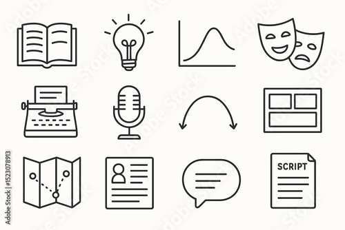 Creative communication and arts icons: book, lightbulb, theater masks, microphone, map, script