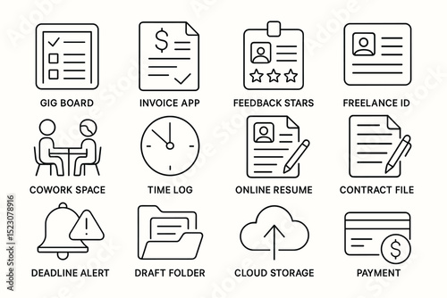 Gig work icons: invoice, feedback, freelancer tools, and cloud storage