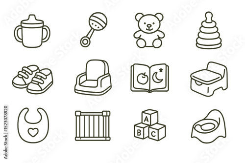 Assorted baby essentials: toys, safety gear, and furniture outline icons set