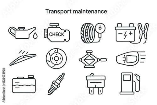 Essential transport maintenance icons for vehicle care and repair