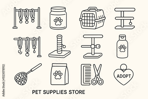 Pet supplies outline icons: carrier, toys, scratcher, grooming, adoption