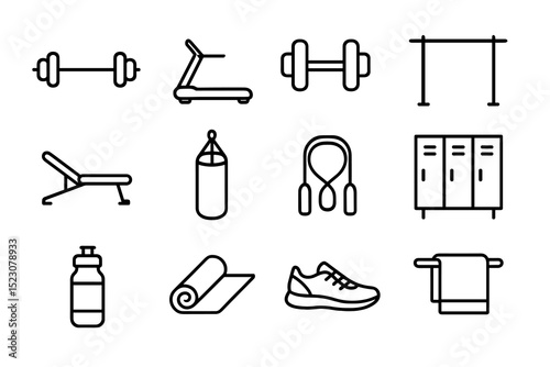 Set of gym equipment icons including dumbbells, treadmill, jump rope, and more