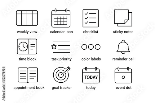 Icon set for productivity enhancement: calendar, checklist, reminders, and more