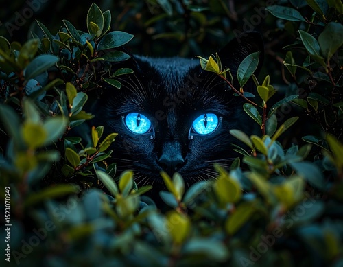 Black cat with glowing blue eyes in foliage