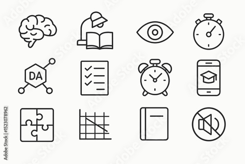 Set of 12 black educational icons: brain, lamp, eye, stopwatch, learning symbols