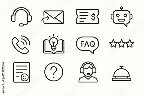 Customer service icons: headset, envelope, ticket, robot, phone, lightbulb, faq, stars, document, question mark, concierge bell