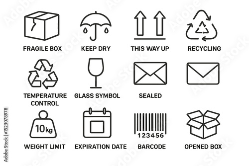 Shipping symbols: fragile, keep dry, recycling, weight limit, expiration date