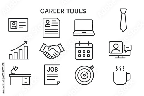 Career tools icons: id, resume, laptop, tie, graph, handshake, calendar, desk, job, target, coffee