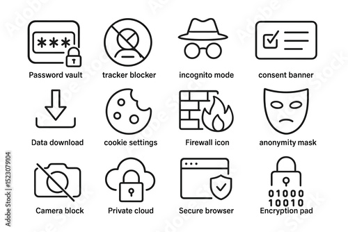 Cybersecurity icons: password vault, tracker blocker, incognito mode, consent banner, encryption pad