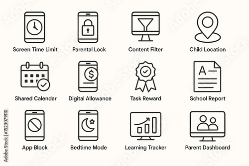 Digital parenting icons: screen time limits and parental tools