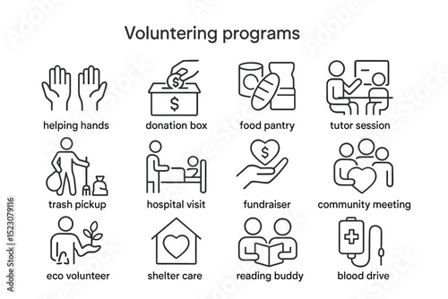 Volunteering programs icons featuring donation box and community meetings